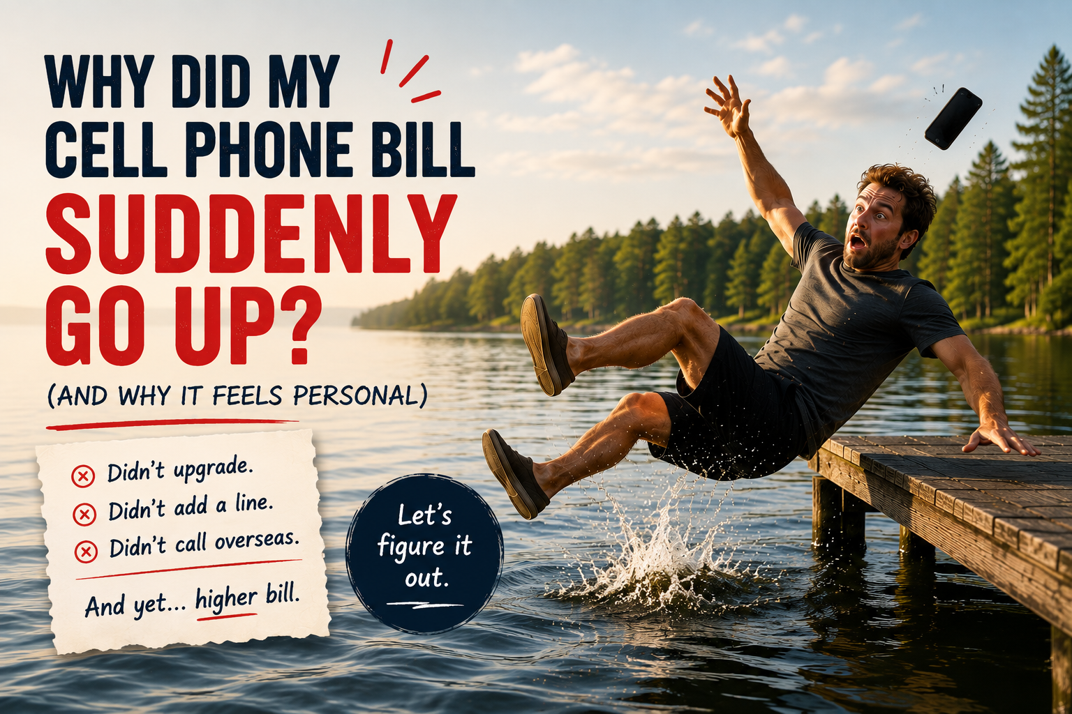 A man falling off a dock beside the words Why did my cell phone bill suddenly go up?