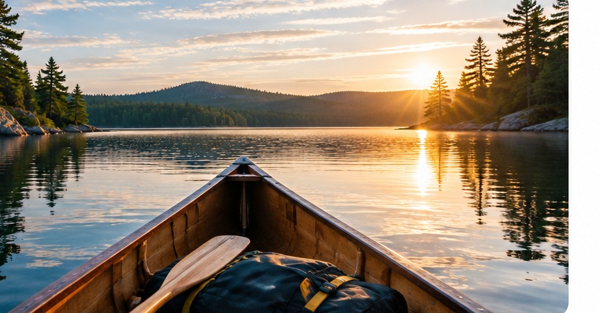 Canoe on a Canadian lake at sunset